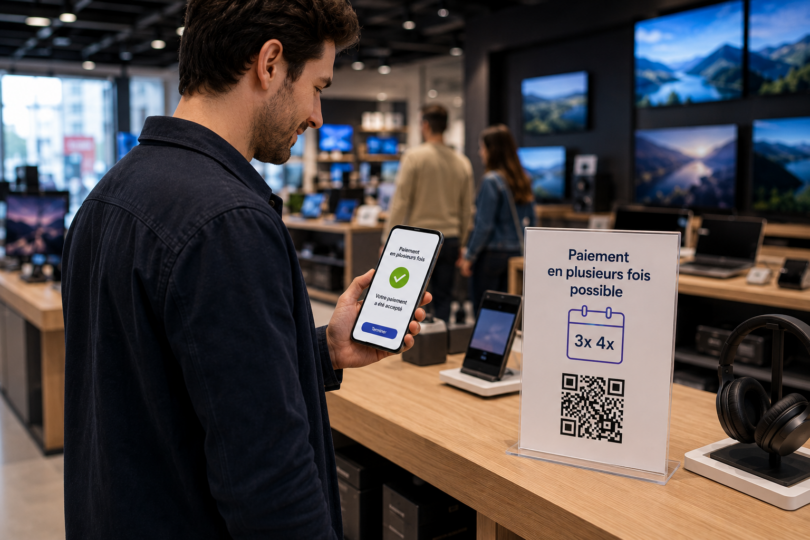 Client utilisant une solution de paiement en plusieurs fois sur smartphone dans un magasin multimédia