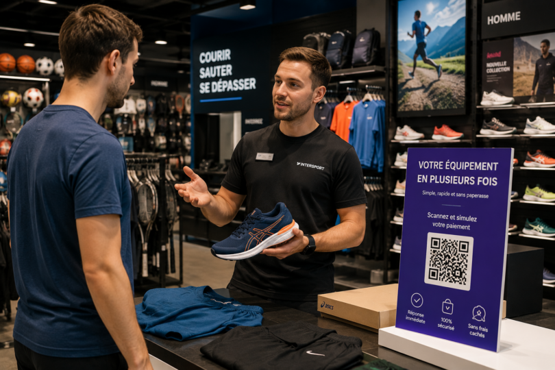 Conseiller de vente présentant une solution de paiement en plusieurs fois à un client dans un magasin de sport