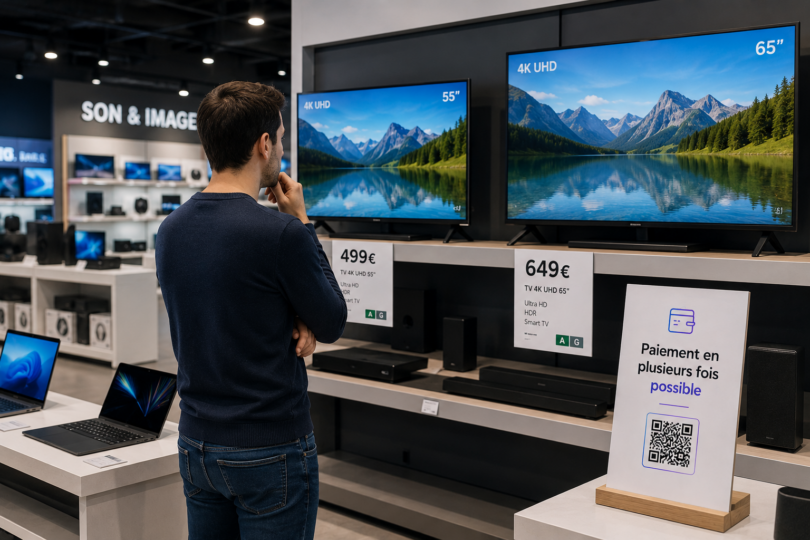 Client comparant plusieurs téléviseurs dans un magasin multimédia avec une solution de paiement en plusieurs fois