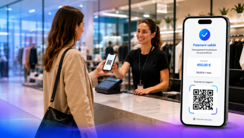 Cliente réalisant un paiement en plusieurs fois via QR Code en magasin avec validation sur smartphone.