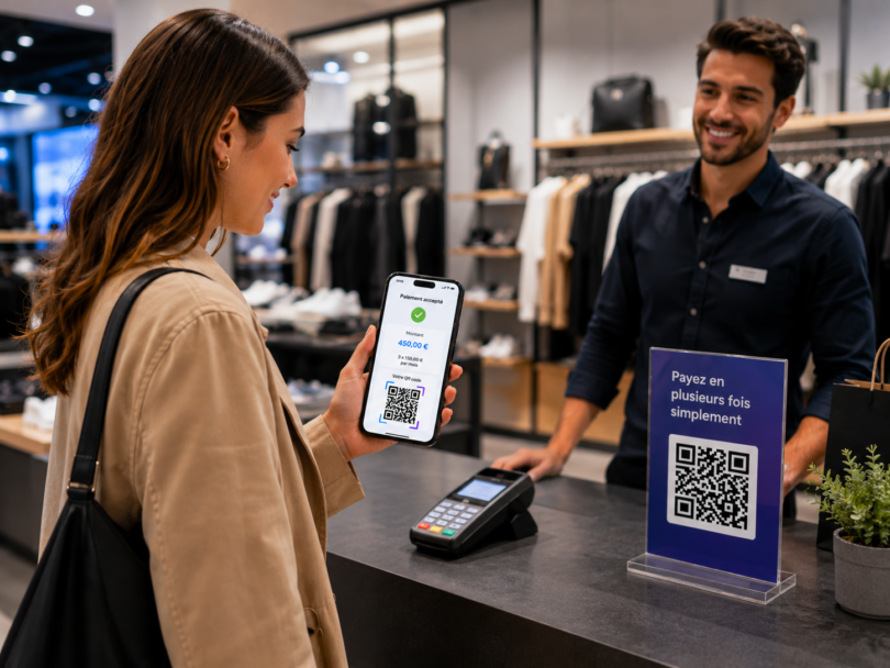 Cliente utilisant un smartphone pour finaliser un paiement en plusieurs fois de manière autonome en magasin.