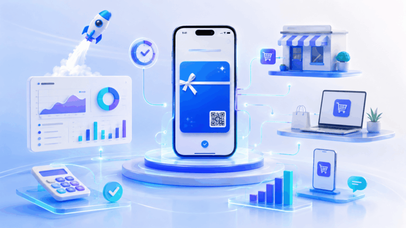 Illustration 3D d'une plateforme de cartes cadeaux dématérialisées avec carte cadeau digitale sur smartphone, dashboard de suivi en temps réel, QR code et distribution omnicanale.
