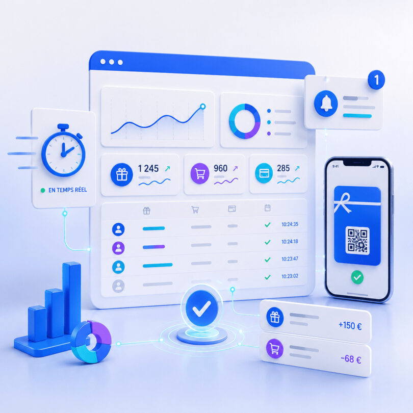 Illustration 3D d'un tableau de bord permettant le suivi en temps réel des cartes cadeaux dématérialisées avec analytics, transactions et gestion centralisée.